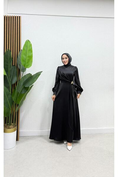 moda crn Elara Zarif Saten Broş Detaylı Tesettür Abiye