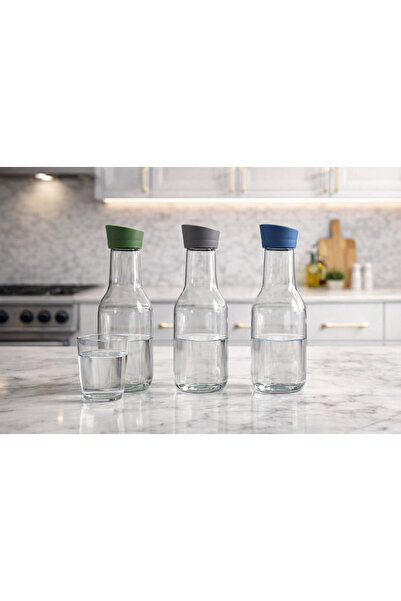 abenim Karaf Model desenli RENKLİ Kapaklı Cam Su Şişesi 1000 Cc (1 adet)