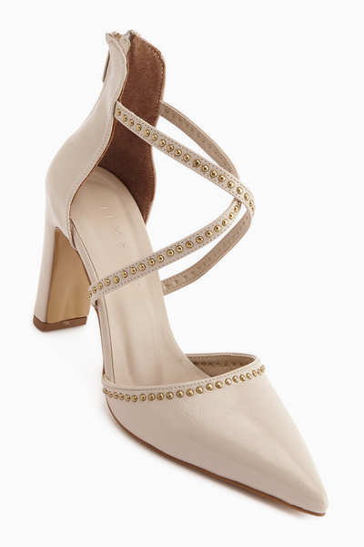 Limoya Neyla Beige Staple Detailed Cross-Strapped Pointed Toe Women's Heeled ...