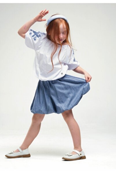 LOCO LOCO Li̇mi̇ Girl's Soft Textured Embroidered Detailed Blouse and Skirt Set