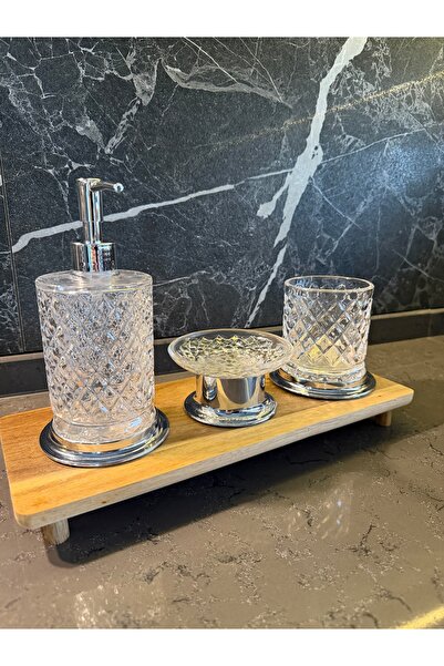 Kozak Kristal Serisi Cam Banyo Seti, 3 Parça Sıvı Sabunluk, Fırçalık, Katı Sa...