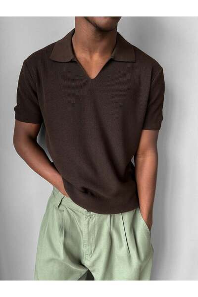 elkumoda Men's Italian Collar Half Oversize Knitwear T-Shirt Relaxed Fit Knit...