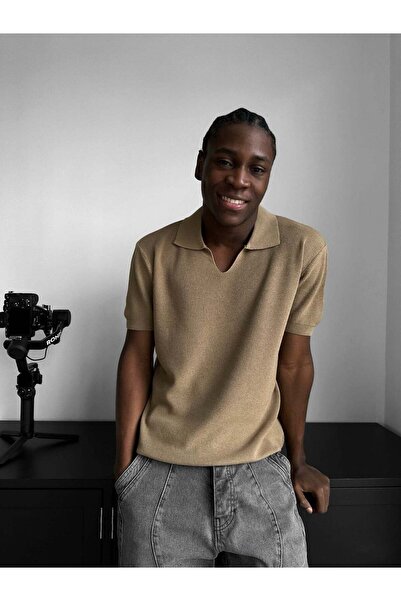 elkumoda Men's Italian Collar Half Oversize Knitwear T-Shirt Relaxed Fit Knit...