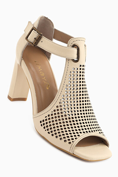 Limoya Monica Genuine Leather Beige Ankle Buckle Thick Heeled Women's Shoes