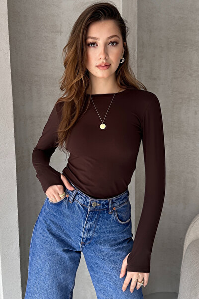 MODA BORSASI Brown Crew Neck Finger-Loop Touch Badi