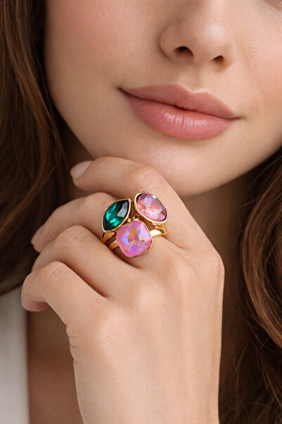 COCOSH TAKI Gold Color Pink Turquoise Stone Stylish Gift Adjustable Ring