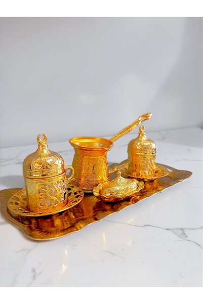 E orient Ottoman Motif Gold Color Turkish Coffee Presentation Set – 5 Pieces – with 2 Cups