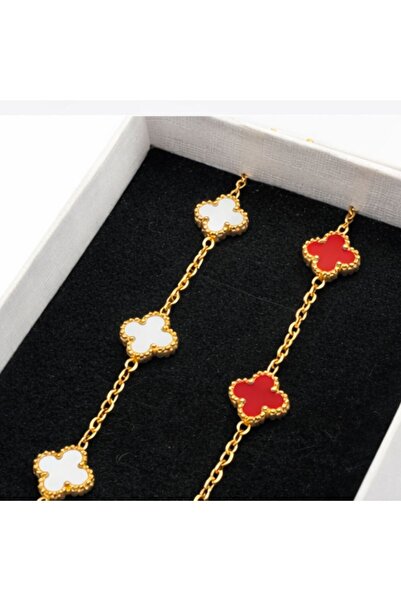 OEM Martisor Bracelet Set, White & Red Clover Pattern, Adjustable Gold Chain,...