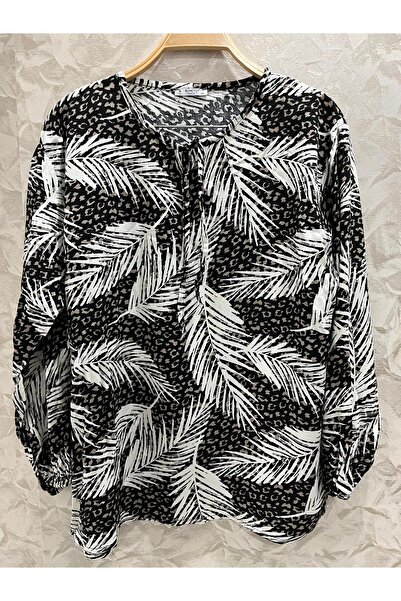 sevdalı Women's Black Leaf Pattern Mother's Combed Cotton Blouse