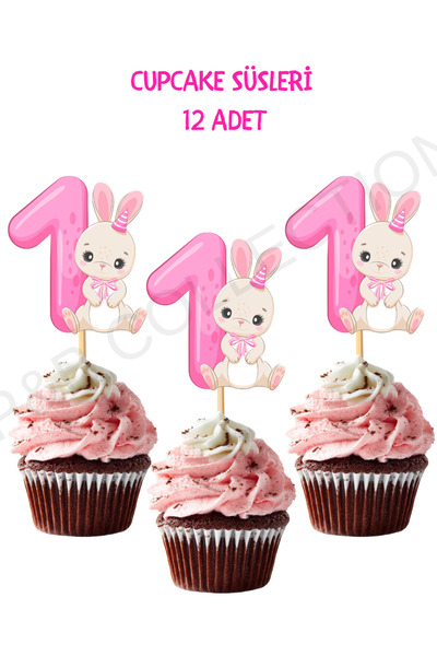 P&B COLLECTION WORKSHOP Cupcake kürdanı tavşan 1 yaş temalı 12 adet pasta süsü