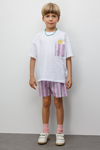 Le Mabelle Lilac Noodle Figured Stripe Patterned Kids T-Shirt Shorts Two-Piec...