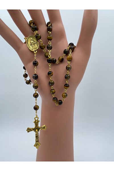 Yada Unique 6 mm Doğal Kaplan Gözü Katolik Hrıstiyan Rosary Tesbih / Haç Kolye