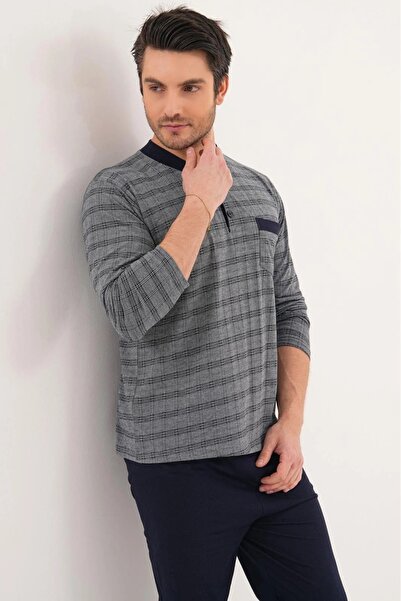 Carpe Diem Large Size Jacquard Long Sleeve Buttoned Collar Men's Pajama Set 1...