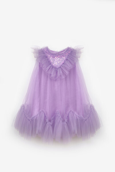 Le Mabelle Rochie pentru fete cu fustă cu mărgele liliac și detalii zig-zag -...