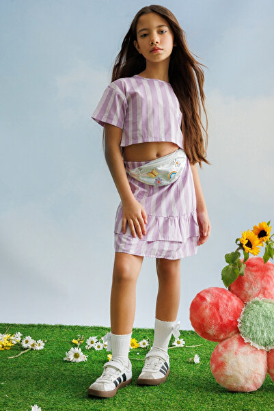 Le Mabelle Lilac Striped Girls' Crop Skirt Double Set - Cora