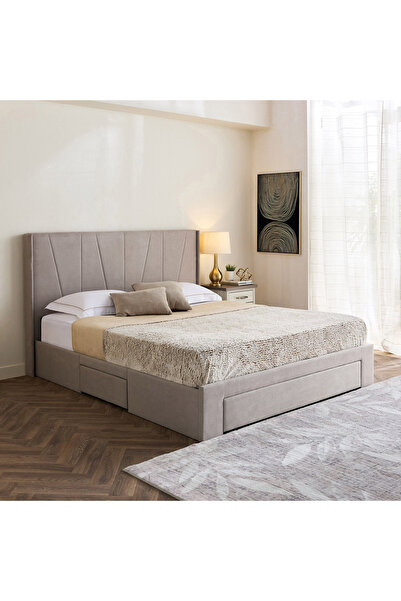 Home Box سرير أنجليك مونتيرو المنجد بحجم كوين مع 3 أدراج - 160 × 200 سم