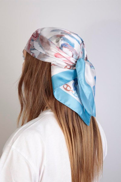 NESSCARF Women's Turquoise Silky Rayon Scarf with Horse Figure 70X70 cm Square
