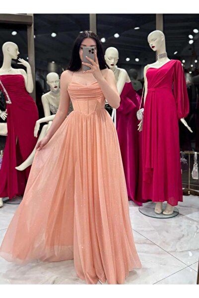 defnorabutik Göğüs Drapeli Korseli Ayarlanabilir ip bağlamalı Simli Uzun Elbise