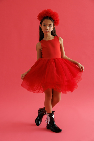 Le Mabelle Girl's Ballerina Dress with Red Tulle Skirt - Carmen
