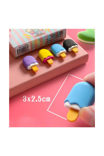 yordama 4’lü Dondurma Figürlü Silgi Seti + 2 Adet Karışık Sürpriz Kalem