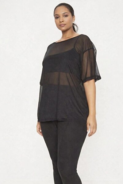 Seamoda Large Size Oversize Transparent Tulle Short Sleeve Tshirt-Black
