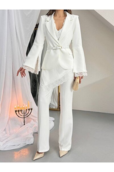 Julidress Lace Detailed Belted Jacket, Satin Blouse and Trousers Premium 4-Pi...