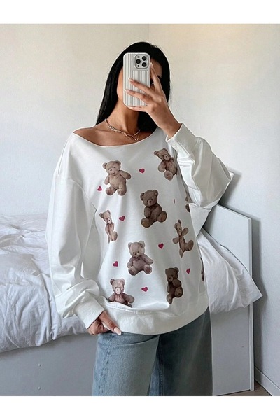 OVER HEAD Hanorac oversize pentru femei, cu imprimeu Heart Teddy Bear, cu dec...