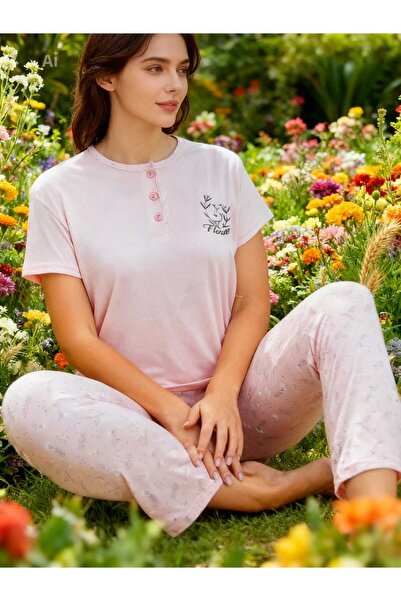 NiCe İç Giyim Pink Color Floral Pattern Crew Neck Viscose Soft Women's Pajama...