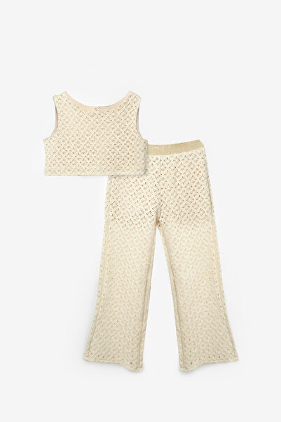 Le Mabelle Cream Knitted Girls' Crop Pants Double Set - Edna