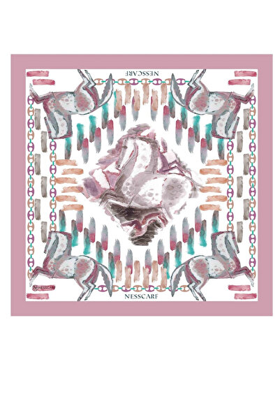 NESSCARF Women's Turquoise Silky Rayon Scarf with Horse Figure 70X70 cm Square