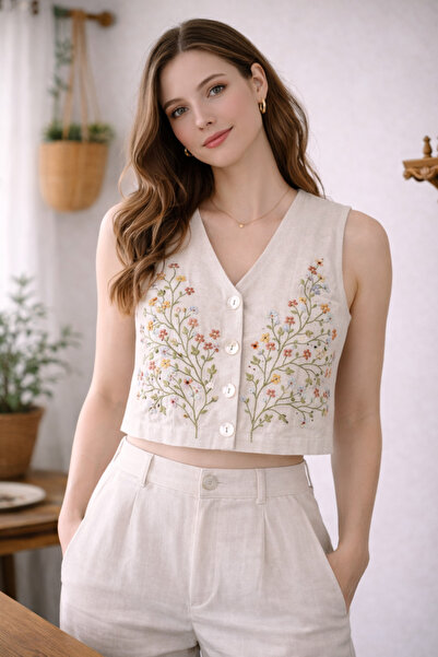 Nulivez Vintage Floral Patterned Beige Vest – Artistic Design, Unique Piece