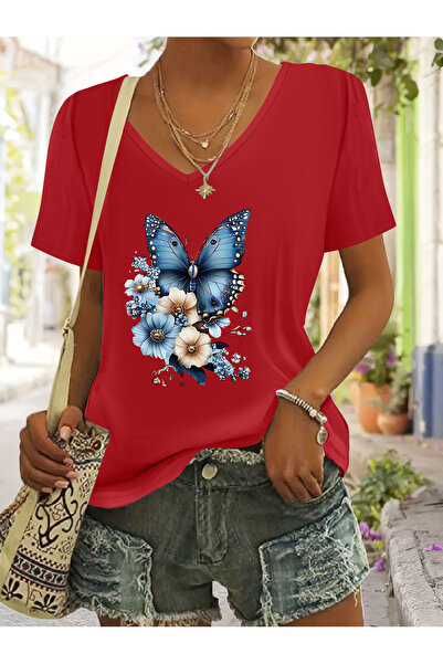 Deocept V-Neck Butterfly Printed Relaxed Fit T-Shirt