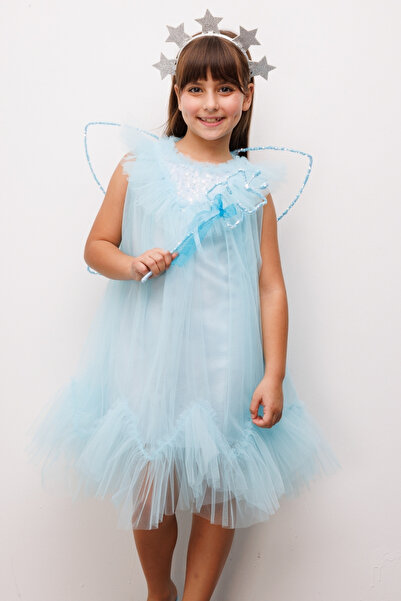 Le Mabelle Rochie pentru fete cu fustă cu mărgele albastre și detalii în zig-...