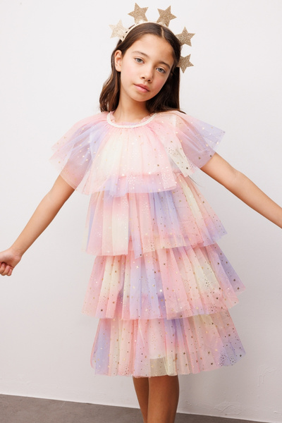Le Mabelle Orange Star Printed Layered Tulle Girls' Dress - Estela