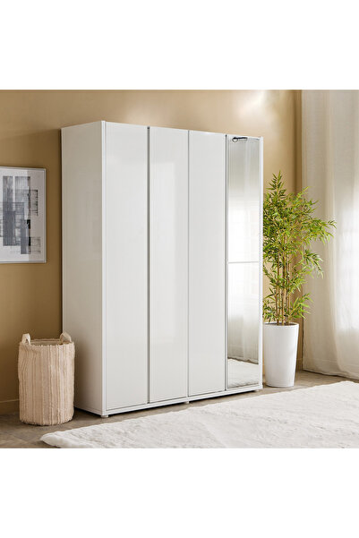 Home Box خزانة ملابس لامعة بأربعة أبواب من تصميم حرفي، مزودة بدرج ومرآة