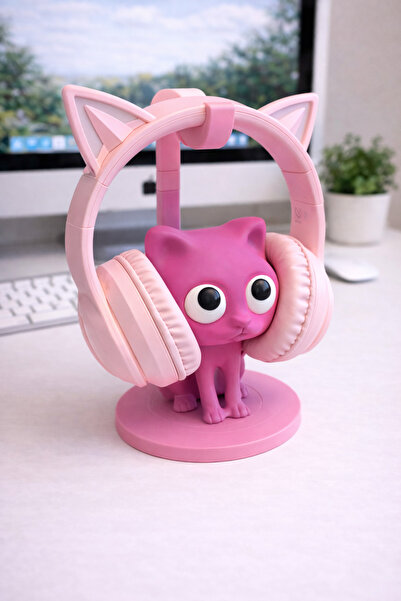 The Plasti Kulaklık Standı Kedi Kulaklık Aksesuarı Kulaklık Tutucu - Pembe
