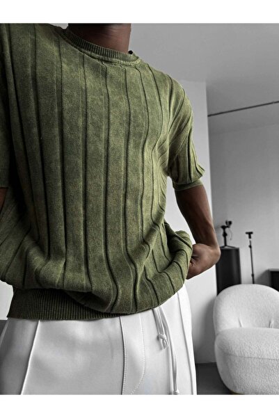 elkumoda Vintage Look Crew Neck Knitwear Relaxed Fit Acid Wash Knitted T-Shirt