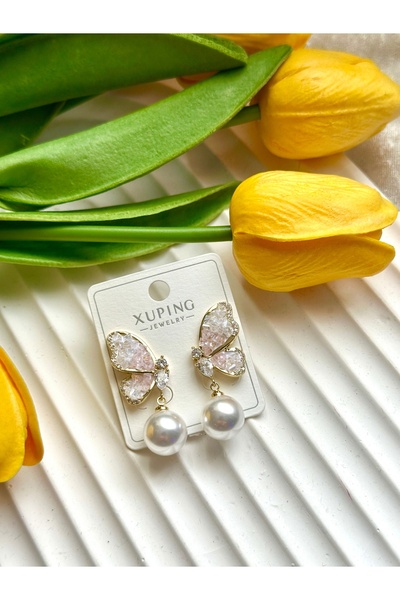 DEMİR ACCESORİES Pearl Detailed Butterfly Earrings with Stones Gold Dangle St...