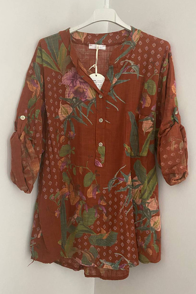 AYASOFYA OTANTIK Women's Italian Cinnamon Tile Floral Patterned Button Detail...