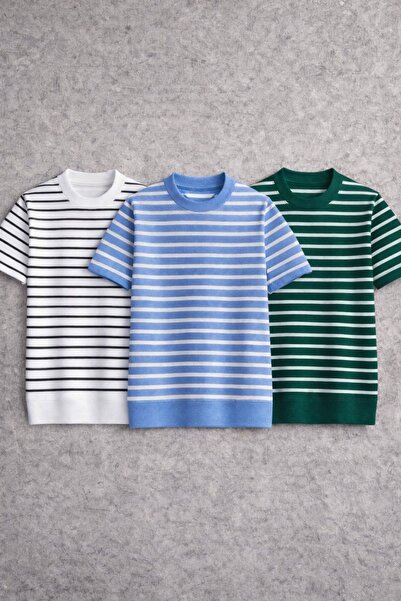 threeoff Premium ριγέ πλεκτό μπλουζάκι ανδρικό, στενή εφαρμογή, κοντομάνικο, ...