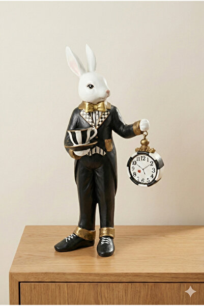 Dekoromi Dekoratif Fincanlı ve Saatli Takım Elbiseli Tavşan Heykeli (46x26cm)...