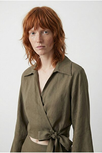 Quzu Women's Wrap Collar Lace-Up Tencel Blouse