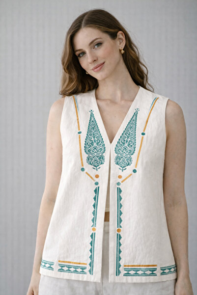 Nulivez Women's Ecru Ethnic Patterned Vest – Minimal Open Front Design, Moder...