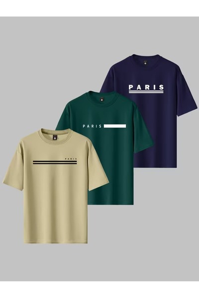 PAVRO Unisex Oversize Fit Multiple Tshrits Paris Striped Printed Tshirt