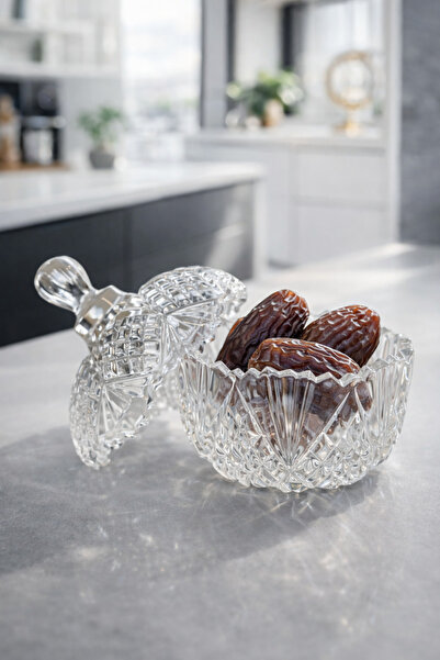 Funny Life Kristal Cam Kapaklı Dekoratif Sunumluk Hurmalık Lokumluk Cam Şekerlik