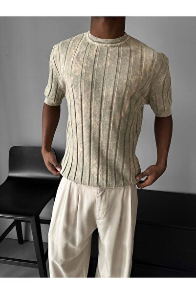 elkumoda Vintage Look Crew Neck Knitwear Relaxed Fit Acid Wash Knitted T-Shirt