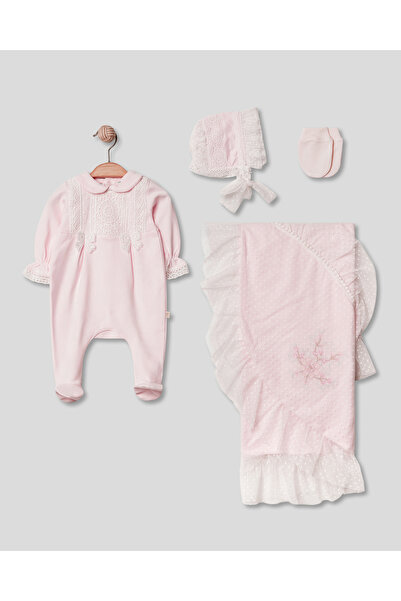 Pugi Baby Tül-Çiçek Detaylı 4'lu Yenidoğan Kız Bebek Hastane Çıkışı %100 pamu...