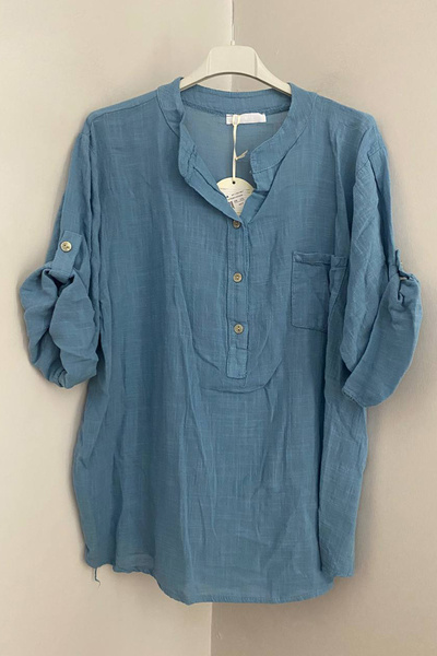 AYASOFYA OTANTIK Women's Italian Blue Button Detailed Collar Blouse