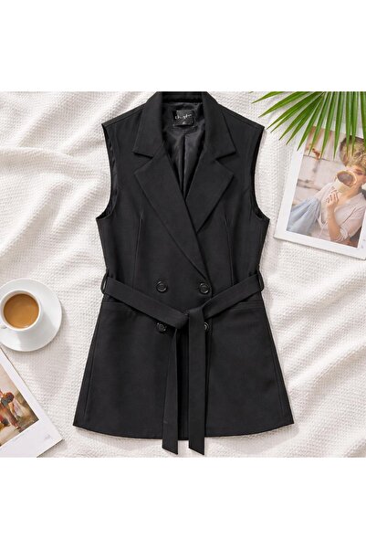 ASELMAVİ Uzun Kolsuz Kemerli Yelek