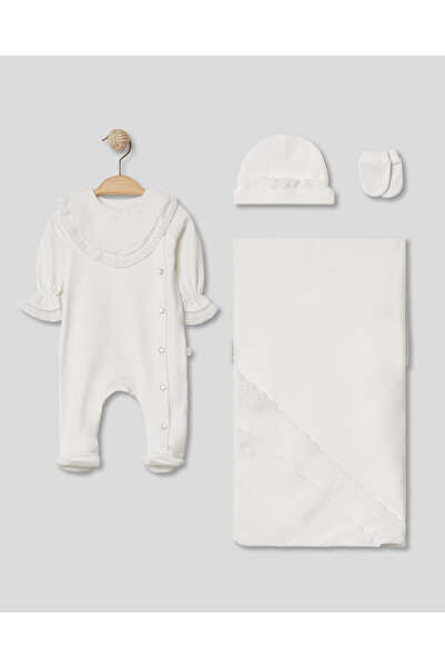 Pugi Baby Cream Embroidered Detailed 4-Piece Newborn Baby Girl Hospital Outfi...